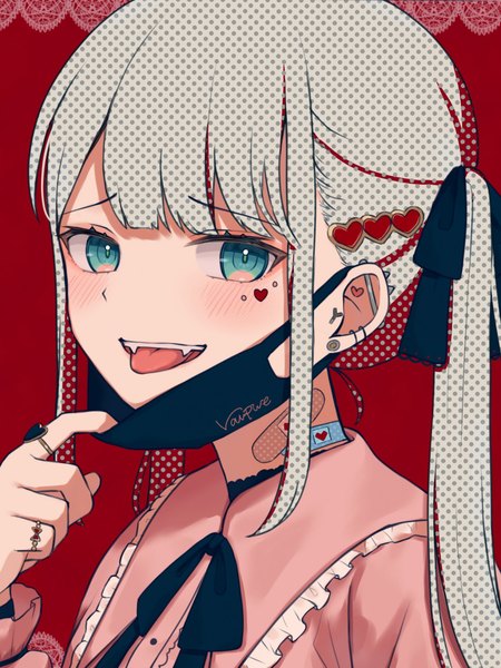Anime picture 1439x1920 with vocaloid vampire (vocaloid) hatsune miku amai melo single long hair tall image looking at viewer blush twintails payot upper body aqua eyes grey hair piercing ear piercing red background polka dot mask pull girl
