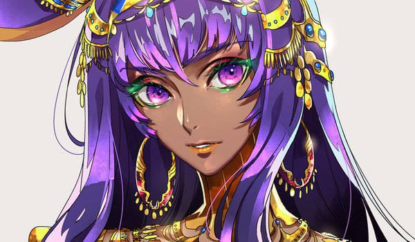 Anime picture 1357x793 with fate (series) fate/grand order nitocris (fate) tenobe single long hair looking at viewer simple background wide image purple eyes purple hair parted lips grey background lipstick dark skin face makeup orange lipstick girl hair ornament