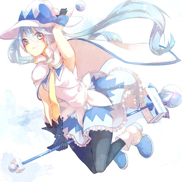 Anime picture 1200x1200 with vocaloid suki! yuki! maji magic (vocaloid) hatsune miku yuki miku yuki miku (2014) lemon honey1013 single long hair looking at viewer blue eyes simple background smile white background twintails blue hair flying girl gloves hat pantyhose