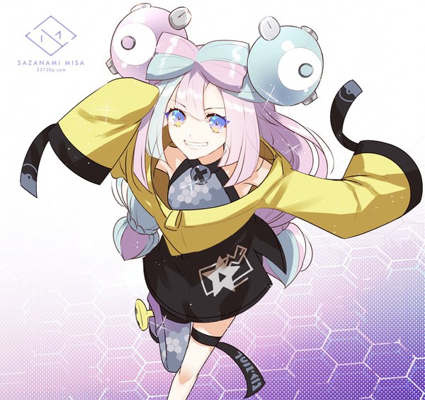 Anime picture 907x853 with pokemon pokemon (game) pokemon sv nintendo iono (pokemon) sazanami misa single long hair looking at viewer fringe smile purple eyes twintails signed long sleeves multicolored hair two-tone hair sparkle grin low twintails