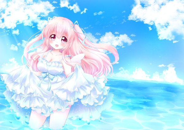 Anime picture 1653x1169 with original chiika (cure cherish) single long hair looking at viewer blush fringe breasts open mouth light erotic smile hair between eyes large breasts bare shoulders holding payot pink hair sky cleavage cloud (clouds)
