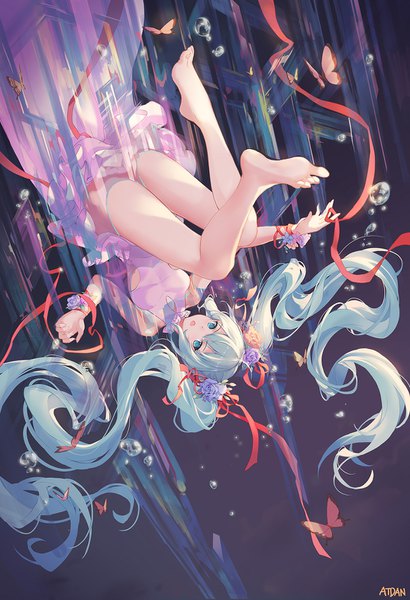 Anime picture 1074x1572 with vocaloid hatsune miku atdan single tall image looking at viewer fringe open mouth light erotic hair between eyes twintails signed full body bent knee (knees) very long hair barefoot hair flower aqua eyes from above aqua hair