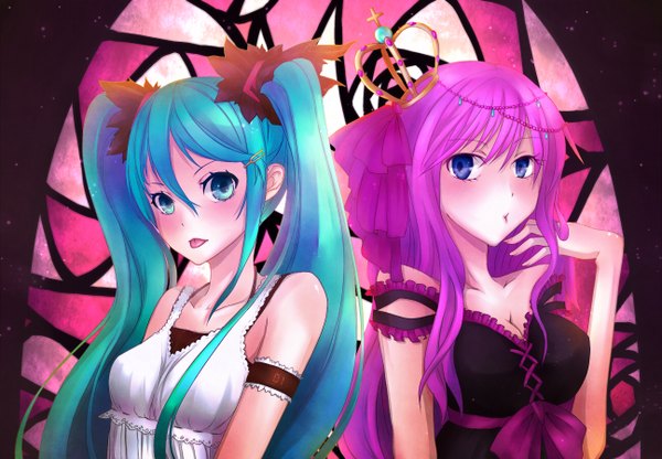 Anime picture 1296x900 with vocaloid world is mine (vocaloid) hatsune miku megurine luka nemunemu (bluelight5) long hair looking at viewer blush blue eyes twintails bare shoulders multiple girls blue hair pink hair girl dress hair ornament 2 girls tongue hairclip