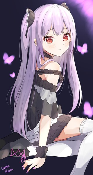 Anime picture 1254x2352 with virtual youtuber hololive uruha rushia uruha rushia (3rd costume) syhan single long hair tall image red eyes sitting looking away purple hair nail polish arm support two side up character names girl thighhighs white thighhighs insect