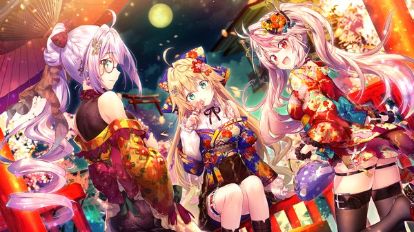 Anime picture 1000x563 with azur lane le temeraire (azur lane) l'opiniatre (azur lane) grenville (azur lane) riichu long hair blush fringe open mouth blonde hair hair between eyes red eyes wide image sitting bare shoulders multiple girls holding green eyes pink hair purple hair