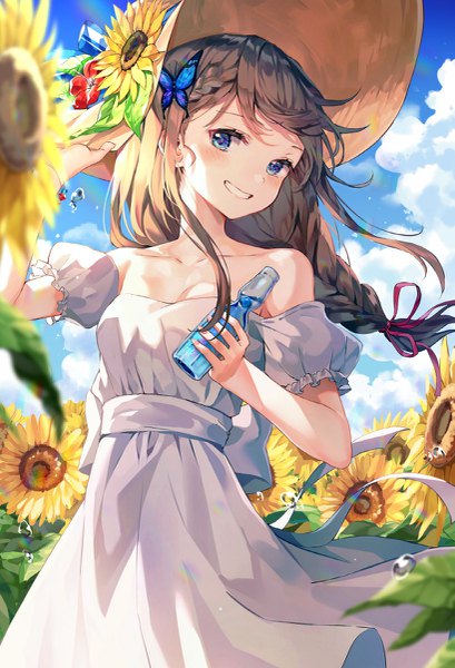 Anime picture 819x1200 with original huwari (dnwls3010) single long hair tall image looking at viewer blush fringe breasts blue eyes smile brown hair standing bare shoulders holding sky cleavage cloud (clouds) outdoors braid (braids)