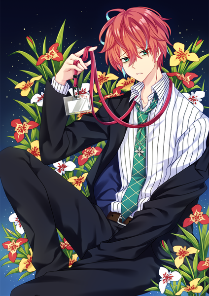 Anime picture 723x1023 with hypnosis mic kannonzaka doppo kitsuneco single tall image looking at viewer fringe short hair simple background hair between eyes sitting holding green eyes bent knee (knees) red hair parted lips multicolored hair off shoulder two-tone hair striped