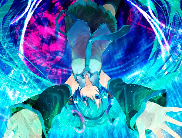 Anime picture 1600x1217 with vocaloid hatsune miku kuroba u single twintails very long hair aqua eyes aqua hair outstretched arm girl skirt detached sleeves miniskirt necktie