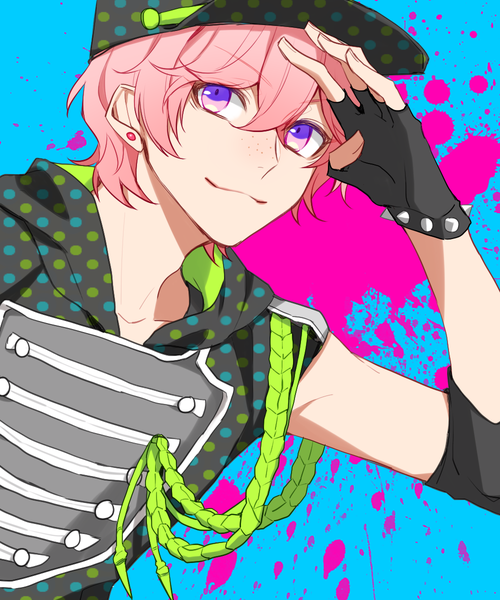 Anime picture 1000x1200 with b-project a-1 pictures ashu yuuta ykrk 10 single tall image fringe short hair hair between eyes purple eyes pink hair upper body light smile piercing ear piercing freckles salute boy gloves hat