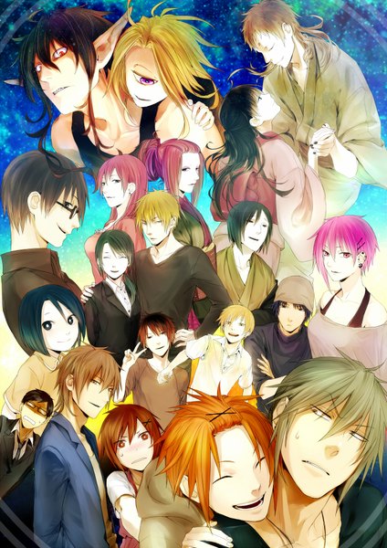 Anime picture 1440x2036 with original uraki (tetsu420) long hair tall image blush short hair black hair blonde hair smile red eyes brown hair purple eyes multiple girls brown eyes yellow eyes pink hair purple hair red hair eyes closed nail polish