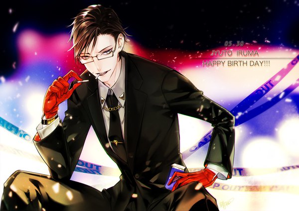 Anime picture 1414x1000 with hypnosis mic iruma juuto tottome single short hair brown hair sitting character names dated silver eyes happy birthday boy gloves glasses necktie suit red gloves