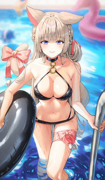 Anime picture 3089x5262 with original jisu lee single long hair tall image looking at viewer blush fringe highres breasts blue eyes light erotic blonde hair smile large breasts standing animal ears absurdres cleavage tail