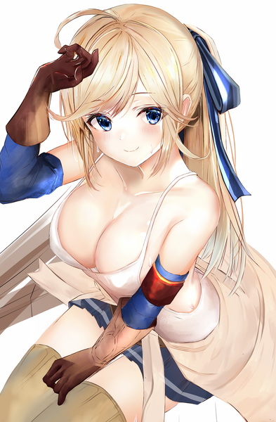 Anime-Bild 2044x3120 mit granblue fantasy cucouroux (granblue fantasy) efuri (riarea00) single long hair tall image looking at viewer blush fringe highres breasts blue eyes light erotic simple background blonde hair smile large breasts white background sitting payot