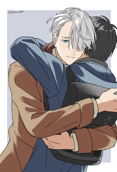 Anime picture 818x1200 with yuri!!! on ice mappa viktor nikiforov katsuki yuuri natsuko (bluecandy) tall image blush fringe short hair blue eyes black hair simple background silver hair hair over one eye grey background multiple boys hug framed boy 2 boys