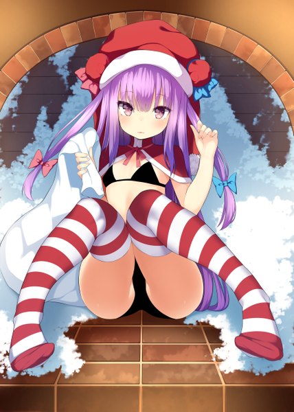 Anime picture 893x1253 with touhou patchouli knowledge pokachu single long hair tall image looking at viewer blush light erotic sitting purple eyes purple hair girl thighhighs underwear panties bow hair bow lingerie bra