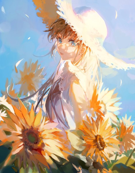 Anime picture 1175x1500 with original ciloranko single long hair tall image looking at viewer fringe blue eyes blonde hair standing payot sky upper body outdoors parted lips wind sleeveless field girl dress