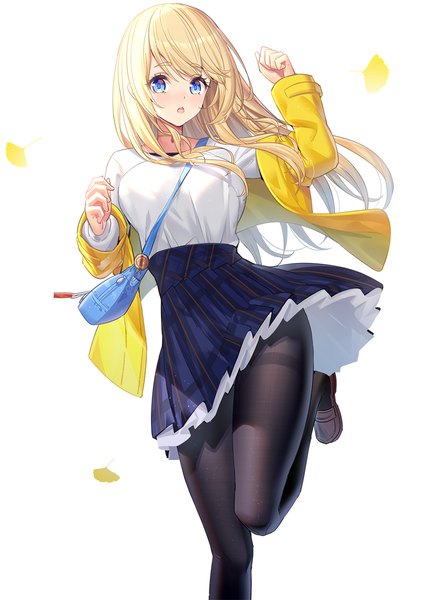 Anime picture 844x1200 with original saegusa futaba ririko (zhuoyandesailaer) single long hair tall image looking at viewer blush fringe open mouth blue eyes simple background blonde hair standing white background pleated skirt arm up off shoulder open jacket :o