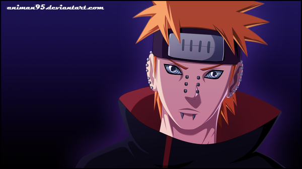 Anime picture 2500x1405 with naruto studio pierrot naruto (series) pain (naruto) deva path animan95 single highres simple background wide image grey eyes piercing coloring portrait akatsuki rinnegan boy cloak bandana