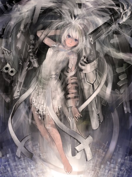 Anime picture 1200x1600 with original pomodorosa single tall image white hair very long hair barefoot grey eyes girl gun cross