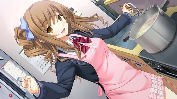 Anime picture 1280x720 with hotch kiss giga haruhino misaki mikoto akemi long hair open mouth brown hair wide image brown eyes game cg cooking girl uniform bow hair bow school uniform apron