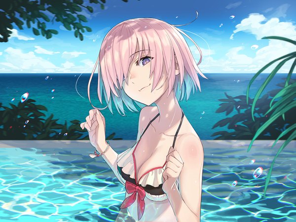 Anime picture 1333x1000 with fate (series) fate/grand order mash kyrielight kusano shinta single looking at viewer fringe short hair breasts light erotic purple eyes bare shoulders pink hair sky cleavage cloud (clouds) upper body outdoors head tilt multicolored hair