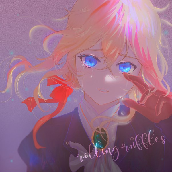 Anime-Bild 1920x1920 mit violet evergarden kyoto animation violet evergarden (character) rolling-ruffles single long hair looking at viewer fringe highres blue eyes blonde hair hair between eyes signed upper body tears girl ribbon (ribbons) hair ribbon brooch