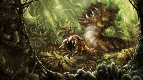 Anime picture 2560x1440 with dragon's crown vanillaware long hair highres open mouth blonde hair wide image standing sitting yellow eyes teeth fang (fangs) girl boy gloves weapon hat tree (trees) armor hood