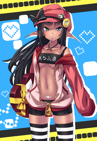 Anime picture 1000x1444 with original ugume single long hair tall image looking at viewer blush breasts light erotic black hair pointy ears heterochromia valentine girl thighhighs navel bow striped thighhighs gift