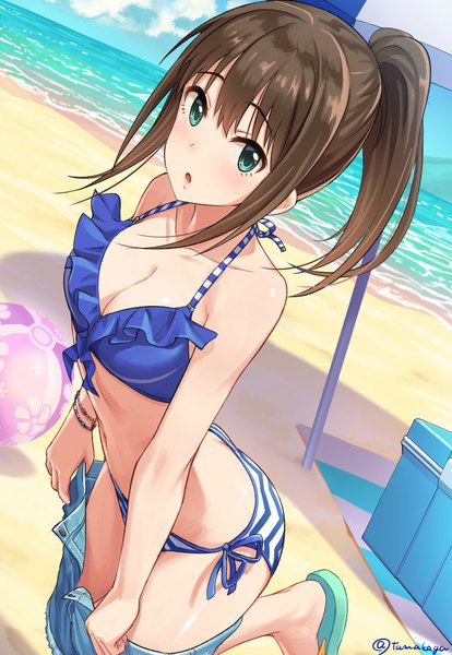 Anime picture 740x1071 with idolmaster idolmaster cinderella girls shibuya rin tamakaga single long hair tall image looking at viewer blush fringe breasts open mouth light erotic hair between eyes brown hair standing bare shoulders signed payot sky