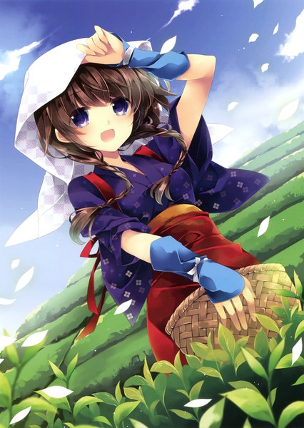 Anime picture 2483x3500 with original minazuki haruka single long hair tall image looking at viewer blush highres open mouth brown hair purple eyes sky braid (braids) traditional clothes japanese clothes scan official art girl plant (plants) leaf (leaves)