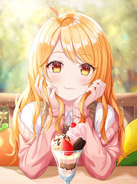 Anime picture 1200x1604 with original funii single long hair tall image looking at viewer blush fringe blonde hair smile sitting yellow eyes payot upper body ahoge outdoors long sleeves nail polish fingernails blurry