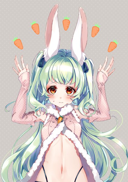Anime picture 2507x3541 with original tyanotya single long hair tall image looking at viewer blush highres light erotic red eyes animal ears upper body green hair grey background arms up two side up bunny ears fur trim bunny girl girl