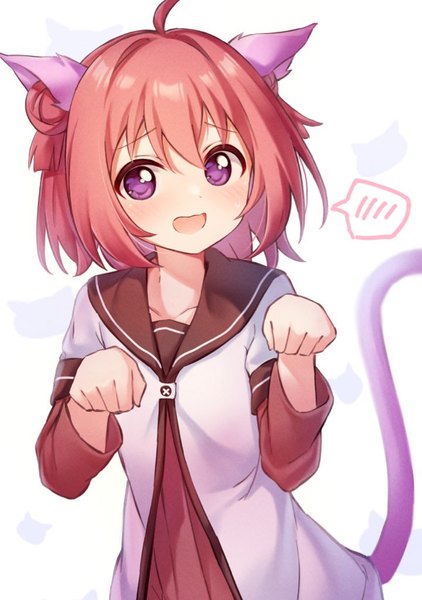 Anime picture 721x1024 with yuru yuri doga kobo akaza akari pizza (pizzania company) single tall image looking at viewer blush short hair open mouth purple eyes animal ears ahoge red hair tail :d animal tail cat ears cat girl cat tail