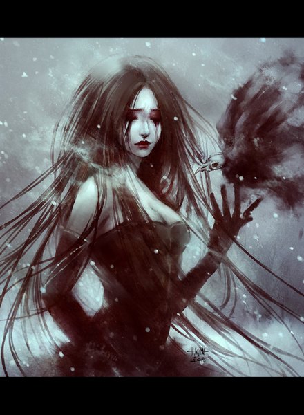 Anime picture 1100x1500 with original nanfe long hair tall image breasts black hair bare shoulders signed cleavage eyes closed outstretched arm dated snowing letterboxed pale skin exhalation 2015 girl dress gloves
