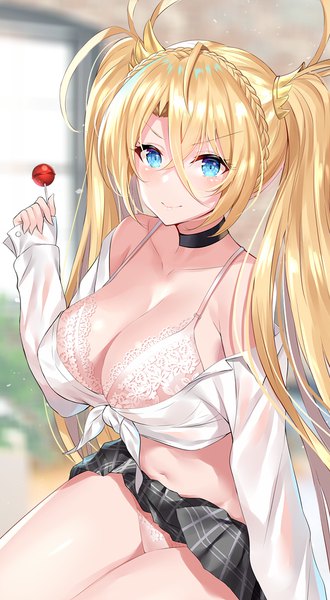 Anime picture 627x1138 with fate (series) fate/grand order bradamante (fate/grand order) ero waifu single long hair tall image blush fringe breasts blue eyes light erotic blonde hair smile hair between eyes large breasts twintails bare shoulders holding braid (braids)