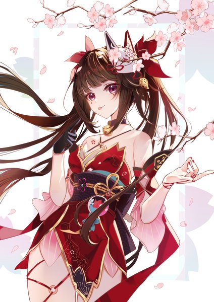 Anime picture 2480x3508 with honkai: star rail honkai (series) sparkle (honkai: star rail) akip single long hair tall image looking at viewer fringe highres brown hair standing twintails bare shoulders payot blunt bangs nail polish pink eyes tattoo cherry blossoms