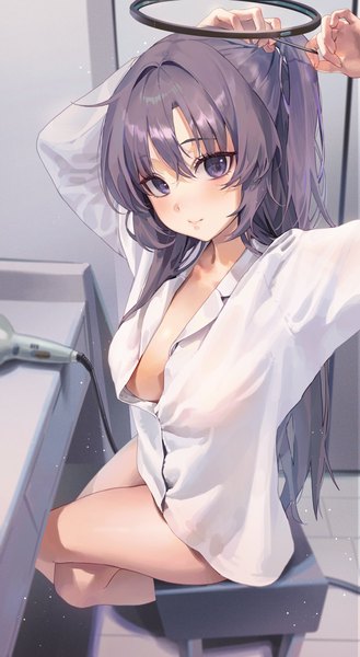 Anime picture 3009x5483 with blue archive yuuka (blue archive) dance arm single long hair tall image looking at viewer fringe highres breasts light erotic hair between eyes large breasts sitting purple eyes absurdres purple hair indoors arms up crossed legs