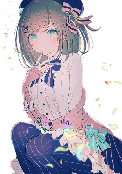 Anime picture 1053x1500 with virtual youtuber nijisanji suzuhara lulu seia (tikxxx) single tall image looking at viewer blush fringe short hair brown hair white background sitting green eyes girl hair ornament pantyhose bowtie x hair ornament beret