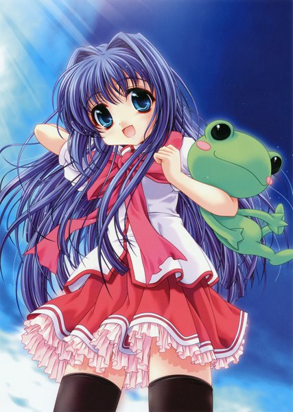 Anime picture 2817x3961 with miyama zero single long hair tall image highres open mouth blue hair loli girl thighhighs dress black thighhighs toy stuffed animal frog