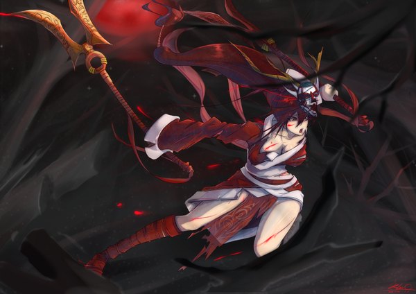 Anime picture 3508x2480 with league of legends akali (league of legends) deathklovc single long hair highres breasts open mouth red eyes twintails looking away absurdres red hair long sleeves mask on head screaming girl weapon boots blood