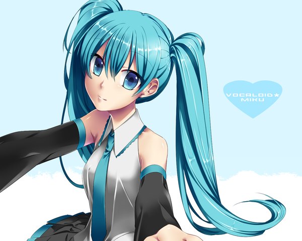 Anime picture 1024x819 with vocaloid hatsune miku keruberosu-a single long hair simple background white background twintails aqua eyes aqua hair girl detached sleeves necktie heart