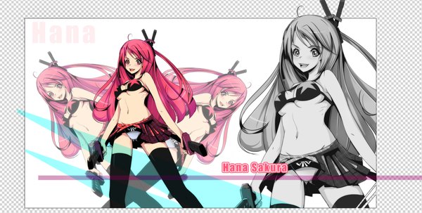 Anime picture 2000x1011 with rinine single long hair blush highres light erotic smile wide image red hair pink eyes pantyshot girl thighhighs skirt underwear panties weapon black thighhighs miniskirt sword