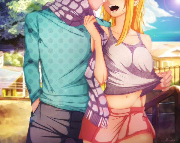 Anime picture 1776x1406 with fairy tail lucy heartfilia natsu dragneel deneky long hair highres open mouth light erotic blonde hair smile sky cloud (clouds) sunlight midriff couple coloring face to face hand in pocket head out of frame boy