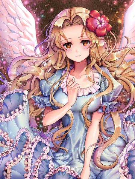 Anime picture 944x1257 with one piece toei animation portgas d rouge yumiyokiak single long hair tall image looking at viewer blonde hair brown eyes hair flower wavy hair girl dress hair ornament flower (flowers) wings