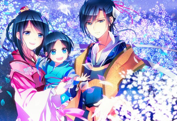 Anime picture 1000x688 with magi the labyrinth of magic a-1 pictures ren hakuryuu ren gyokuen ren hakuyuu luna mary fringe blue hair braid (braids) traditional clothes japanese clothes aqua eyes light smile multiple boys cherry blossoms alternate age family girl boy flower (flowers)
