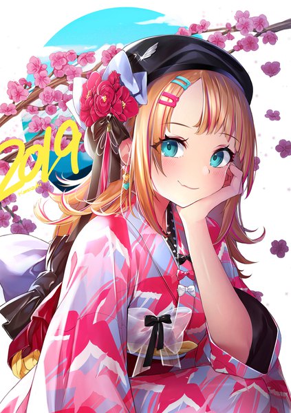 Anime picture 1214x1720 with original komazuki (komaworks240) single long hair tall image looking at viewer blush fringe simple background smile white background payot traditional clothes japanese clothes multicolored hair aqua eyes orange hair new year chin rest 2019
