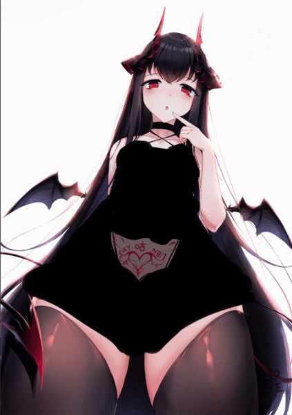 Anime picture 566x801 with original xing single tall image looking at viewer blush fringe black hair simple background hair between eyes red eyes standing white background tail very long hair horn (horns) :o from below tattoo thighs