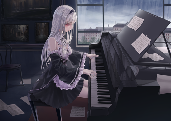 Anime picture 3508x2480 with original turbulence single long hair looking at viewer fringe highres breasts open mouth hair between eyes sitting absurdres silver hair indoors profile pink eyes wide sleeves rain playing instrument girl