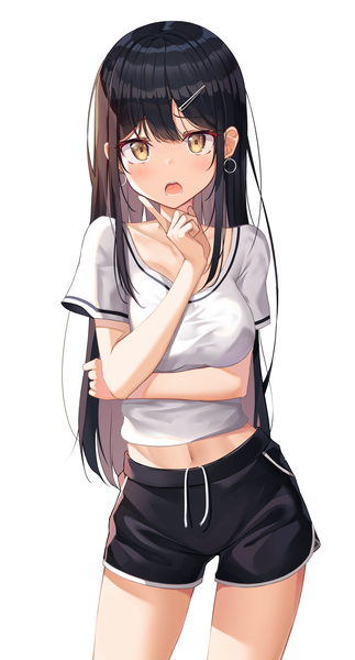 Anime picture 3472x6448 with original apple ringo single long hair tall image looking at viewer blush fringe highres breasts open mouth black hair simple background hair between eyes standing yellow eyes absurdres teeth :o midriff