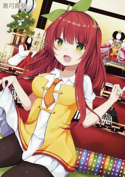 Anime picture 2477x3500 with original melonbooks soutuki maki single long hair tall image looking at viewer blush highres breasts open mouth large breasts sitting green eyes red hair indoors :d pleated skirt scan hieroglyph